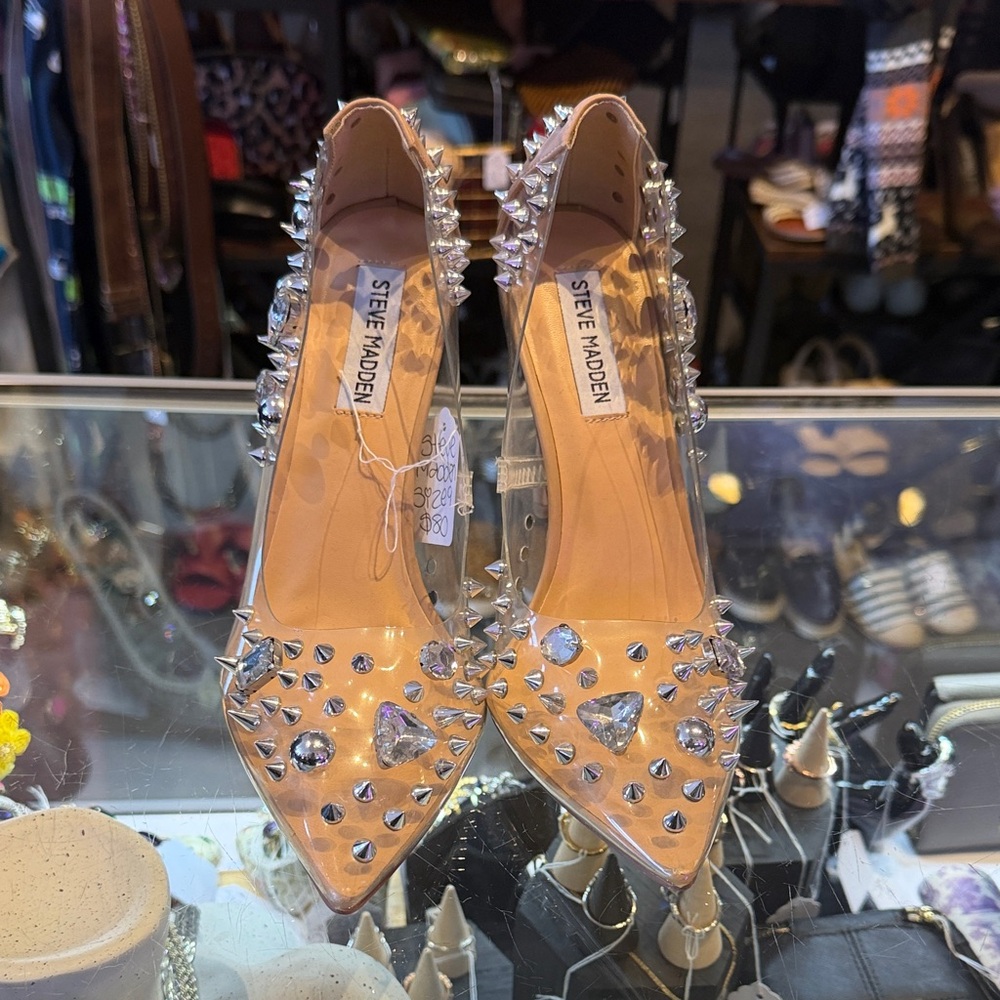 Steve Madden Nude Pointed Toe Pumps with Silver Studs & Crystals